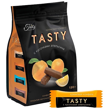 Конфеты TASTY кремовые покрытые молочной шоколадной глазурью с кусочками апельсина 150г 