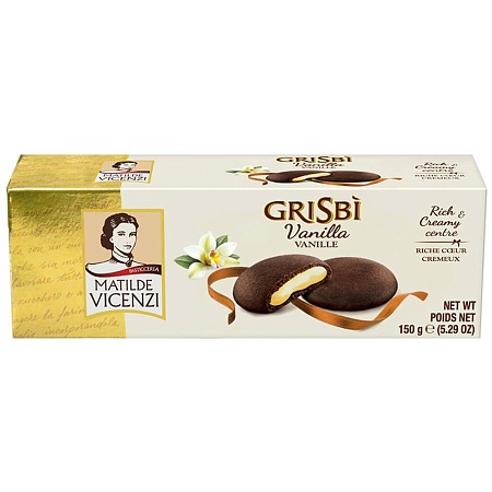 Печенье GRISBI с тёмным шоколадом с начинкой со вкусом ванили 150г 