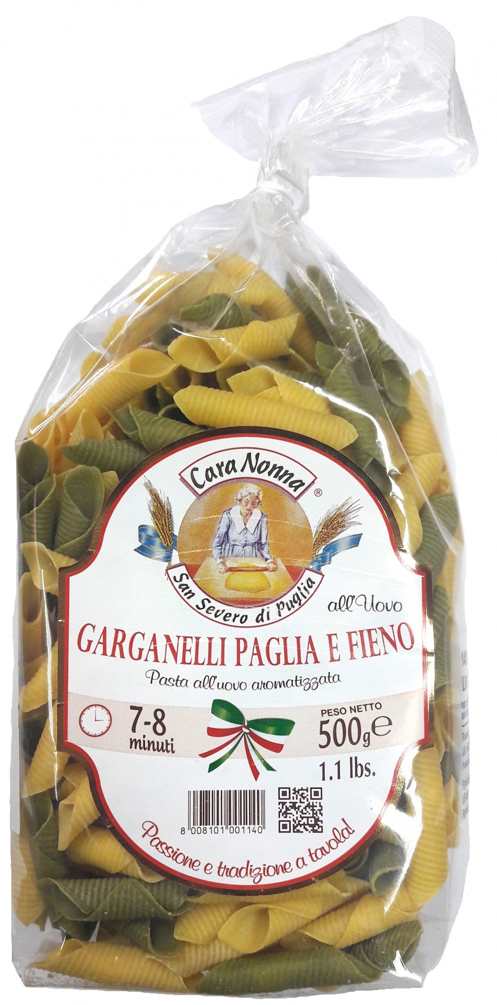 Паста яичная CARA NONNA цветная GARGANELLI Paglia e Fieno 500г