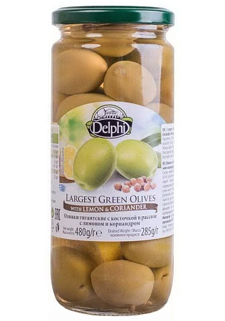 Оливки DELPHI с косточкой маринованные с лимоном и кориандром 480г 