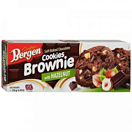 Печенье BERGEN BROWNIE Шоколадное с кусочками шоколада и лесным орехом 126г 