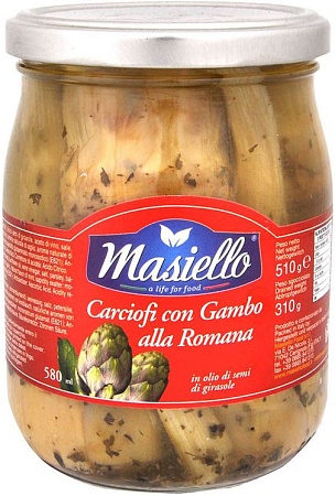 Артишоки MASIELLO alla Romana с хвостиком в масле 510г 