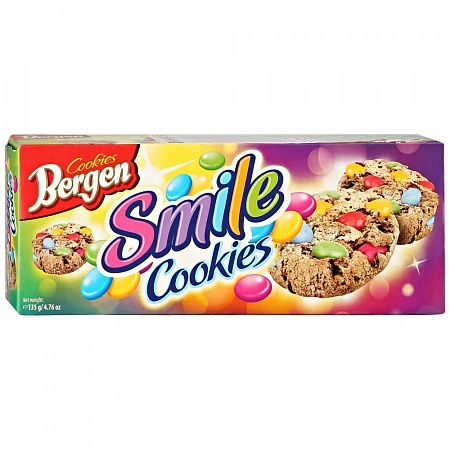 Печенье BERGEN SMILE COOKIES с кусочками шоколада и шоколадным драже, покрытым глазурью 135г 