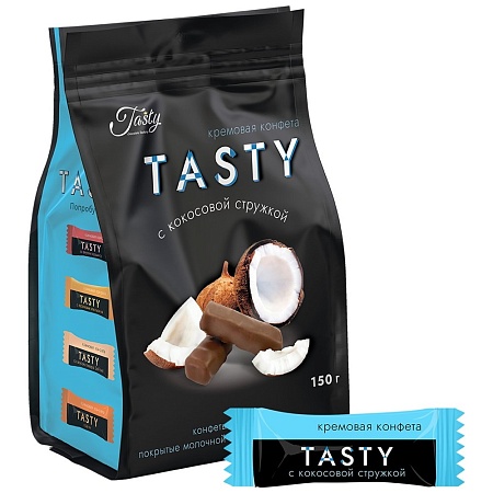 Конфеты TASTY кремовые покрытые молочной шоколадной глазурью с кокосовой стружкой 150г 