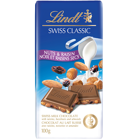Шоколад LINDT Swiss Classic молочный с изюмом фундуком и миндалем 100г 