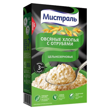 Хлопья МИСТРАЛЬ Овсяные с отрубями 400г 