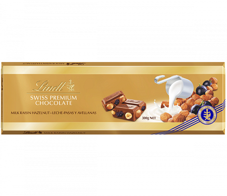 Шоколад LINDT GOLD Молочный с Изюмом и Цельным Фундуком 300г 