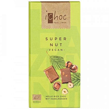 Шоколад iChoc Organic веганский на рисовом молоке 37% какао, с дробленным фундуком 20% 80г 