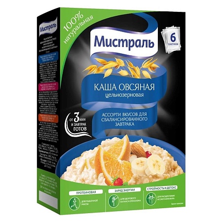 Каша МИСТРАЛЬ овсяная &quot;Ассорти вкусов&quot; (6шт*40г) для сбалансированного завтрака 240г 