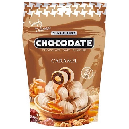 Конфеты CHOCODATE CARAMEL Финики с миндалем и карамелью в сочетании белого и молочного шоколада 100г 
