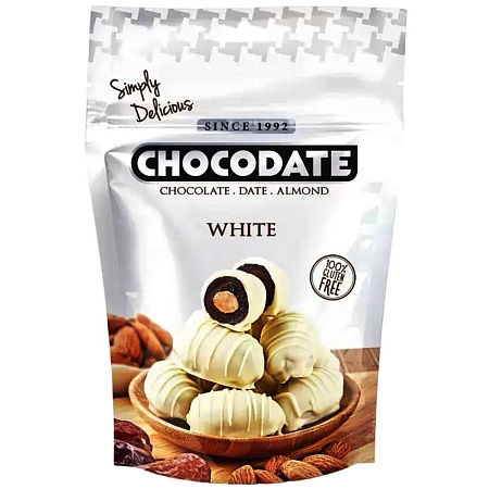 Конфеты CHOCODATE WHITE Финики с миндалём в белом шоколаде 100г 