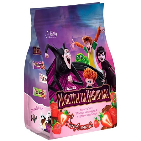 Конфеты TASTY МОНСТРЫ НА КАНИКУЛАХ 4 с орехами и клубникой в молочной шоколадной глазури 150г 
