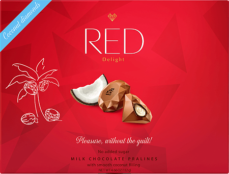Конфеты RED Delight из молочного шоколада с кокосовой начинкой 12 конфет без сахара 132г 