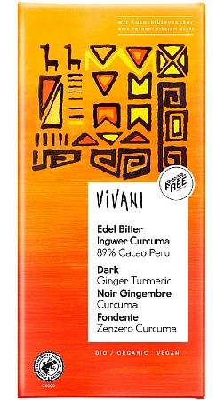 Шоколад VIVANI Organic горький 89% какао с имбирем и куркумой с кокосовым сахаром 80г 