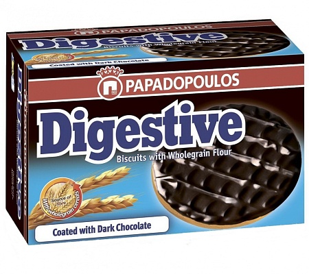 Печенье PAPADOPOULOS Digestive c цельнозерновой мукой c темным шоколадом 200г 