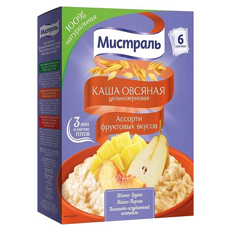 Каша МИСТРАЛЬ овсяная &quot;Фруктовое ассорти&quot; (6шт*40г) 240г 