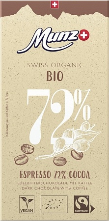 Шоколад MUNZ Organic Горький 72% какао с кофе 100г 