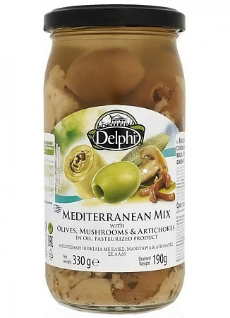 Ассорти DELPHI Средиземноморский микс с оливками, грибами и артишоками в масле 330г 