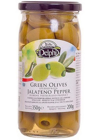 Оливки DELPHI фаршированные перцем Джалопено в рассоле 350г 