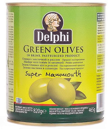 Оливки DELPHI с косточкой в рассоле Super Mammouth 91-100 820г 