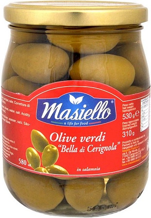 Оливки MASIELLO зеленые Bella di Cerignola в рассоле 530г 