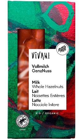 Шоколад VIVANI Organic молочный с цельным фундуком 26% 100г 